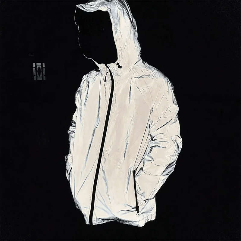 Men's Night Reflective Jackets Fashion Outdoor Windproof Party Dance Hoodeds Coats Hip Hop Streetwear Couples Clothing S-5XL