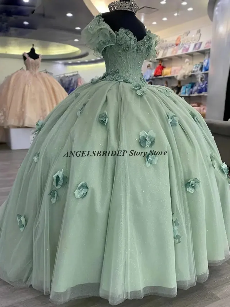 

ANGELSBRIDEP Mint Green Mexico Quinceanera Dress Ball Gown Beaded 3D Flowers Appliques Tulle Sweet 16 Vestido De 15 Anos Corset