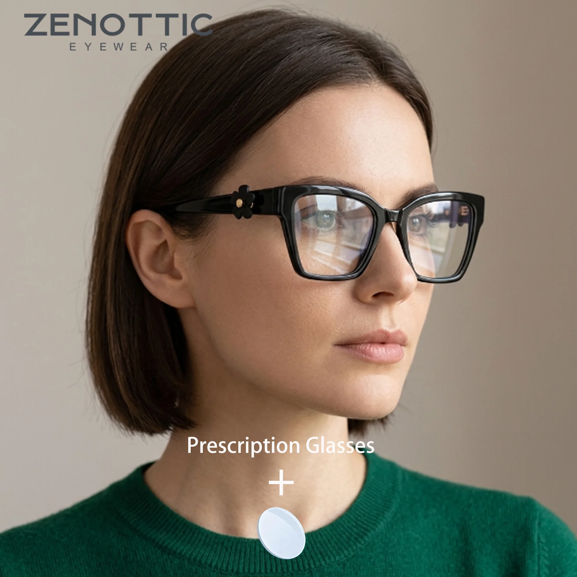 ZENOTTIC S Size Square Black Acetate Flower Decor Women's Prescription Eyeglasses Photochromic Optical Vision Lenses Eyewear