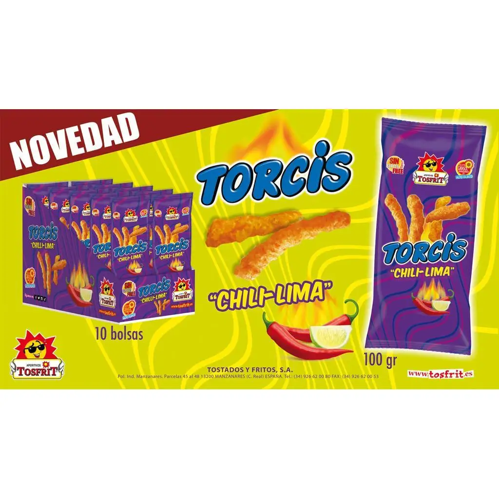 Tosfrit snacks TORCIS CHILI-lime-Gluten-free fried corn stick-box of 10 units x 100gr