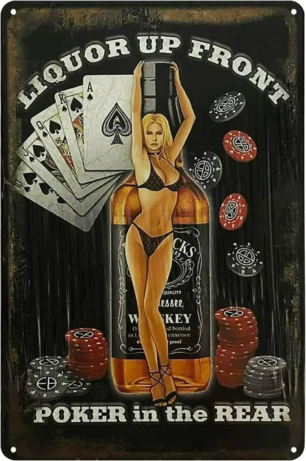 Vintage Liquor Poker Girl Metal Tin Sign Retro Whiskey Card Poker Chips Quote Iron Plaque Wall Decor for Bar Pub Garage Man Cave Home Wall Art Gift For Poker & Bar Lovers