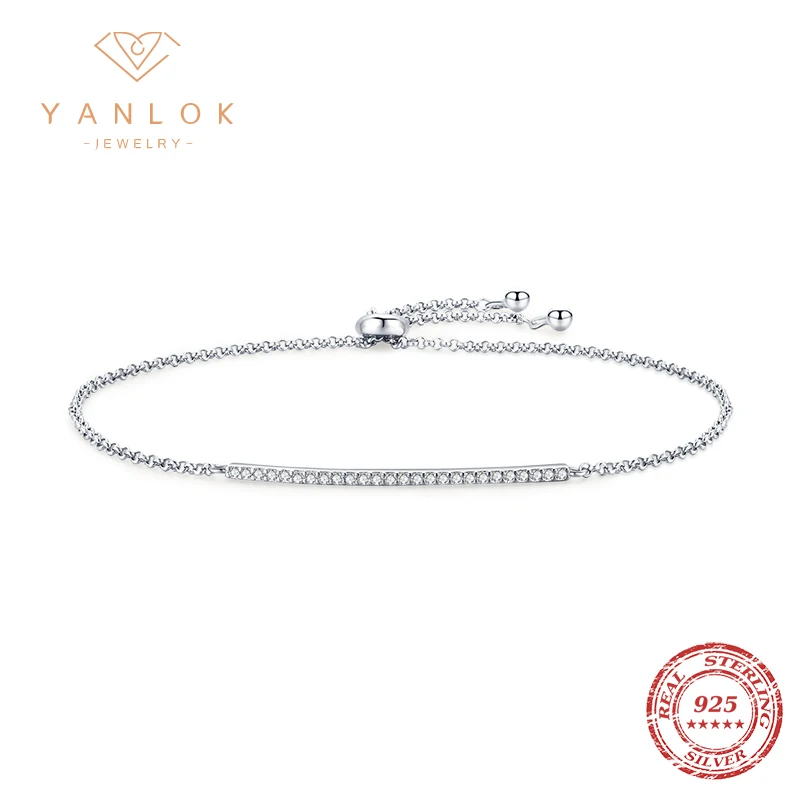 

YANLOK Long Stick Geometric Silver Bracelet Dazzling Clear CZ Chain Bracelets for Women 925 Sterling Silver Wedding Jewelry