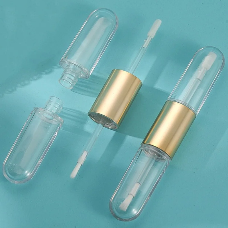 

50pcs Hot Gold Oval Dual Double End Lipstick Case Packaging Flat 2 in 1 Empty Cosmetics Lip Gloss Tube With Brush Tip 6ml