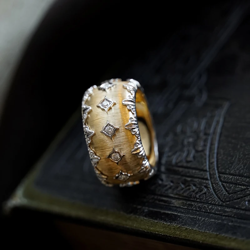 Aazuo Vintage Jewely Real 18K Yellow Gold  Natrual Diamonds Luxury Lace Lines Rings Gift For Woman&Man Birthday Party Au750