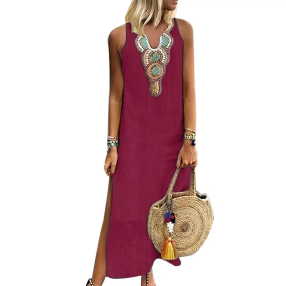 

HOT Summer Women Paisley Print V Neck Sleeveless Split Maxi Linen Loose Kaftan Dress