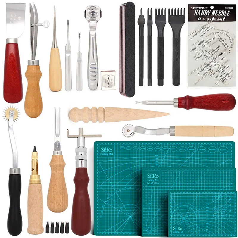 Leather Craft Tools Set Include Punching Hand Sewing Awl Cutting Kit Stitching and Cutting Mat for Leather Craft Work Beginners