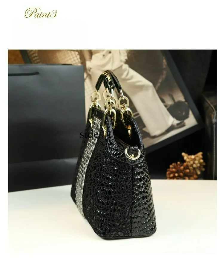 2026 Neue Elegante Handtasche mit Krokodilmuster aus Lackleder mit Spitzen- und Diamantenbesatz als Schulter- und Umhängetasche – Detail 3