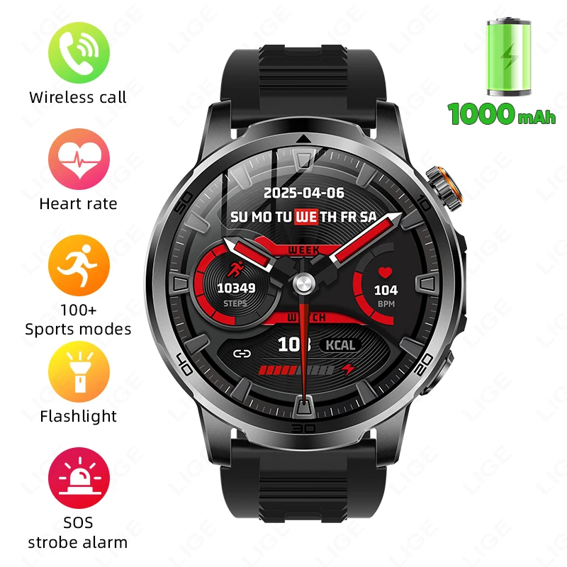 

LIGE New Smart Watch 100+ Sports Modes Wireless Calling Wired Magnetic Charging IP68 Waterproof Men SmartWatch 1000mAh battery