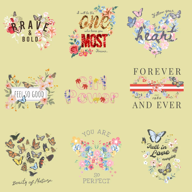Fashion flower butterfly heat transfer clothing T-shirt canvas bag DIY Iron On Patches decorative girls underwear vinyl stripes