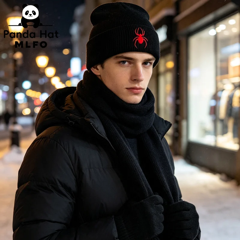 【3Pcs Knit Beanie Scarf Gloves Set】Adult Spider Embroidery Knit Hat, Winter Outdoor, Halloween Festival Street Gift