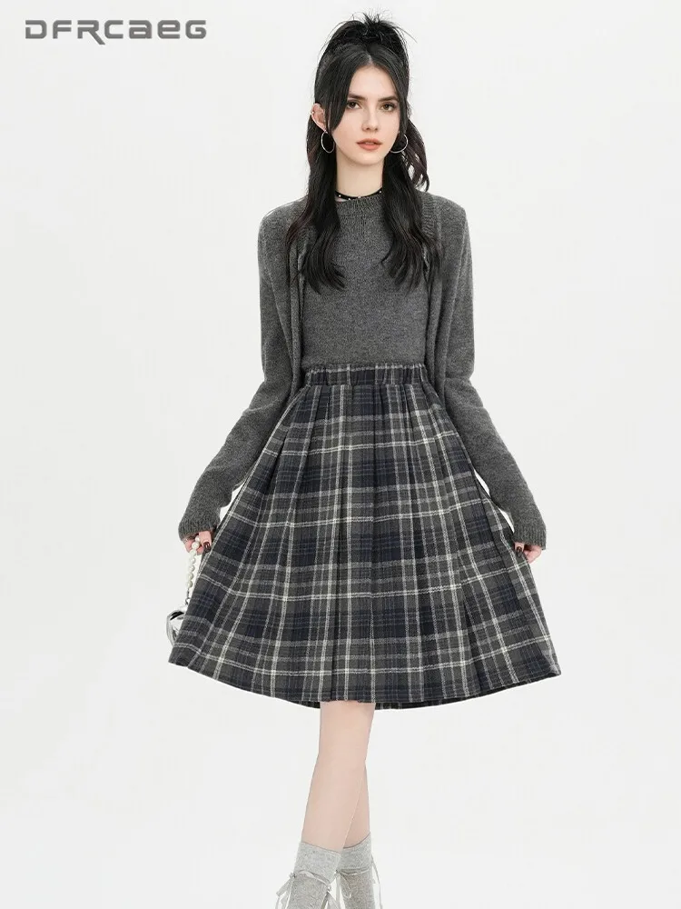 

American Vintage Plaid Wool Pleated A-Line Skirt Women's Autumn Winter Casual Knee Length Pleated Skirts Woman
