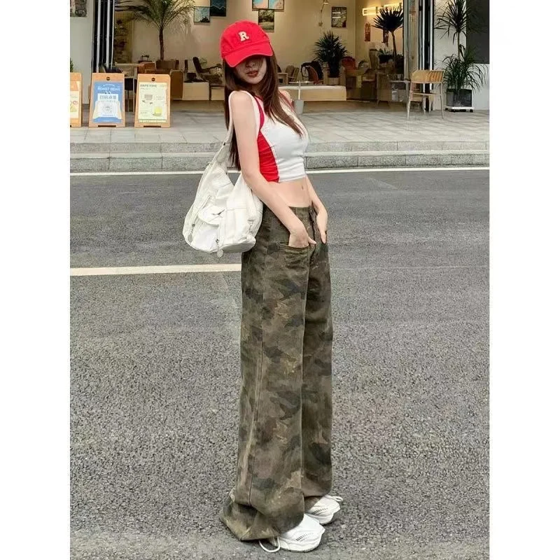 Americano retro camuflagem casual calças de trabalho feminino solto perna larga jeans outono novo sle cintura alta fechamento com zíper
