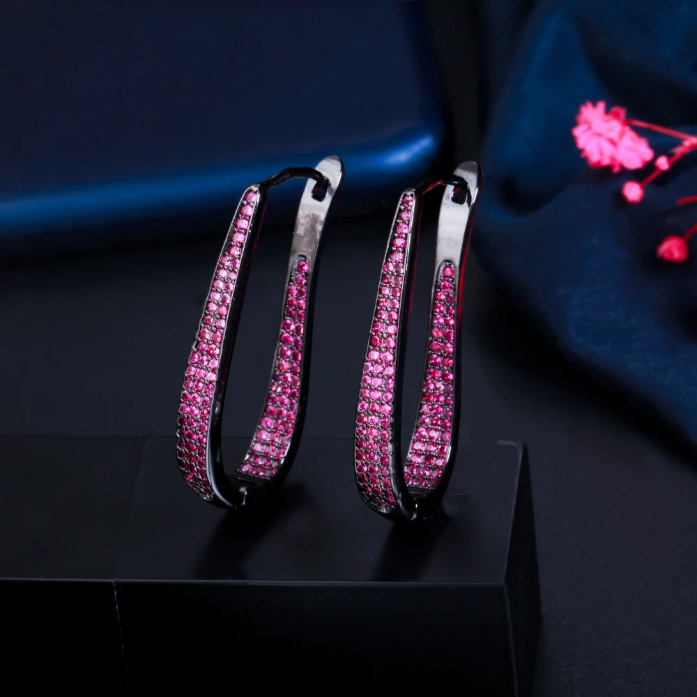 ThreeGraces New Trendy Fuchsia Cubic Zirconia Black Gold Color Hoop Earrings for Women Elegant Daily Party Dress Jewelry E1218