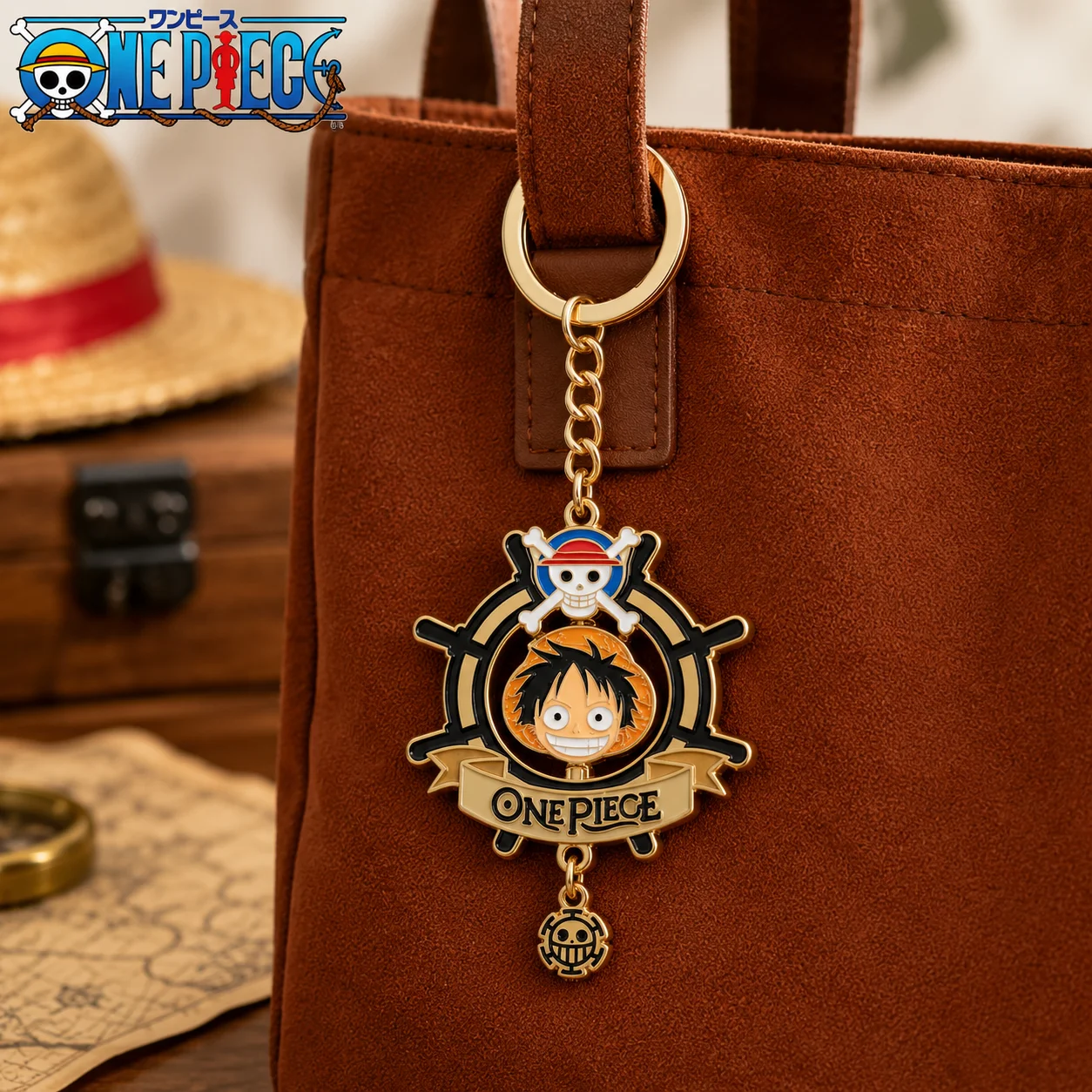 One Piece Luffy Rotatable Keychain Zinc Alloy Anime Key Ring Straw Hat Pirate Pendant Bag Charm Backpack Key Holder Accessories