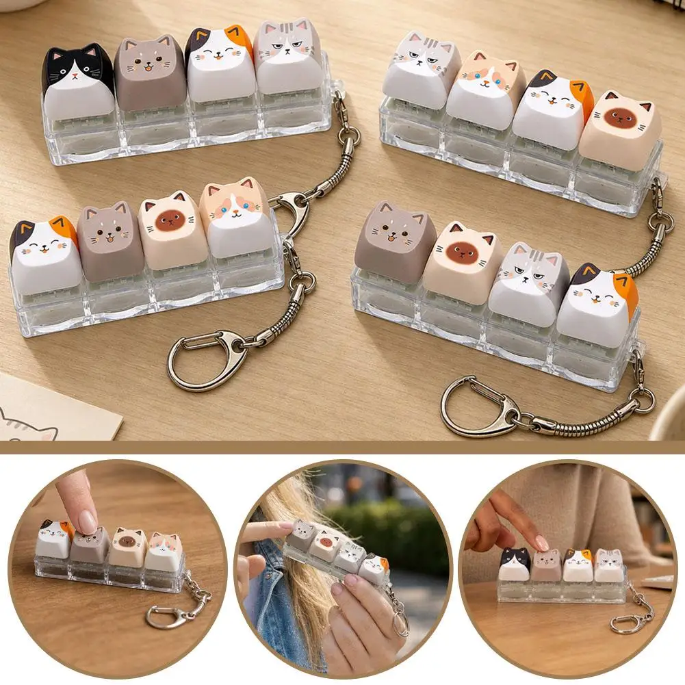 Cute Cat 4 Keys Keyboard Fidget Keychain Kawaii Cat Relax Button Keycap Bag Pendant Portable Fidget Keyring Fashion Bag Charm