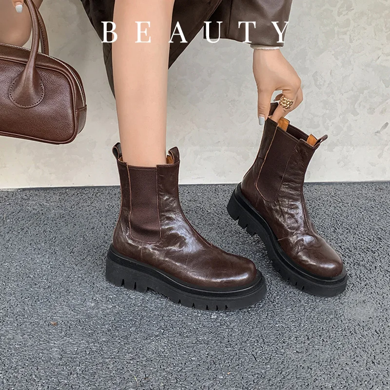 Ankle Boots Woman RoundToe Sheepskin Ladies Shoes Korea Style Modern Botas Autumn Spring Daily Shoes Slip On Winter Botas