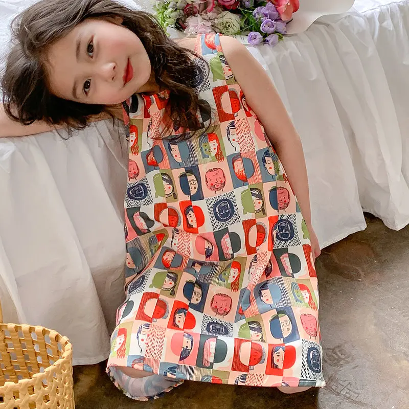 Girls' Skirt Character Abstract Dress Princess Dress Tank Dress25Summer New Foreign Trade Children's Wear Delivery