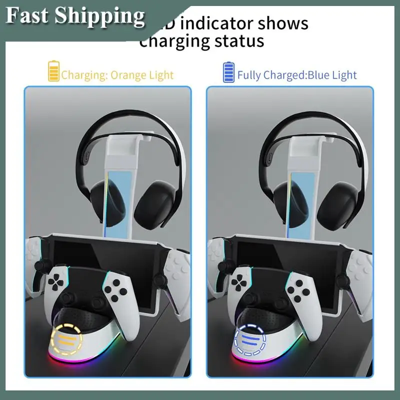 

-MEOF Charging Base With Headset Holder For PS5 Controller Charging Stand RGB Light Charging Indicator For PS5 Portal Console