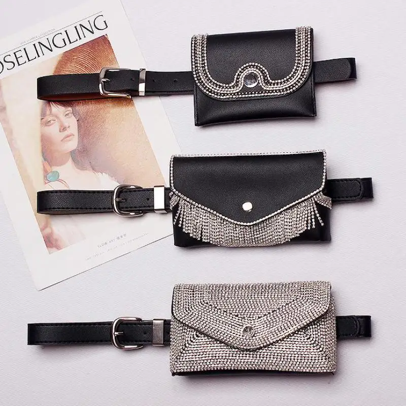 Glitter Full Diamond Waist Bag New Fashion Dark Buckle Pu Leather Belt Pockets Belt Ladies Dual-use Three Optional Tide Bag 729