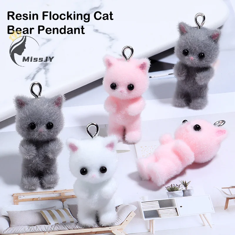 Flocking Animals Cartoon Cats Shape Resin Dolls Beads Pendant Diy Jewelry Earring Garment Keychain Pendant Accessories