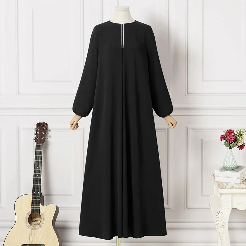 

Hot Selling Lady Casual A-line Dress Long Puff Sleeve O-neck Vintage Arab Robe Muslim Women Solid Maxi Dress
