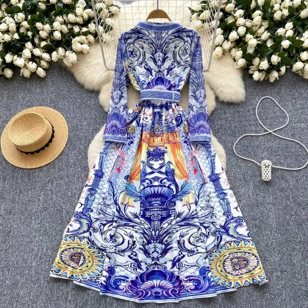 BabYoung Haruku Hong Kong Style Turn-Down Collar Shirt Dress Vintage Court Big Swing Belt Robe Mid-Length Korea Slim Waist Mujer