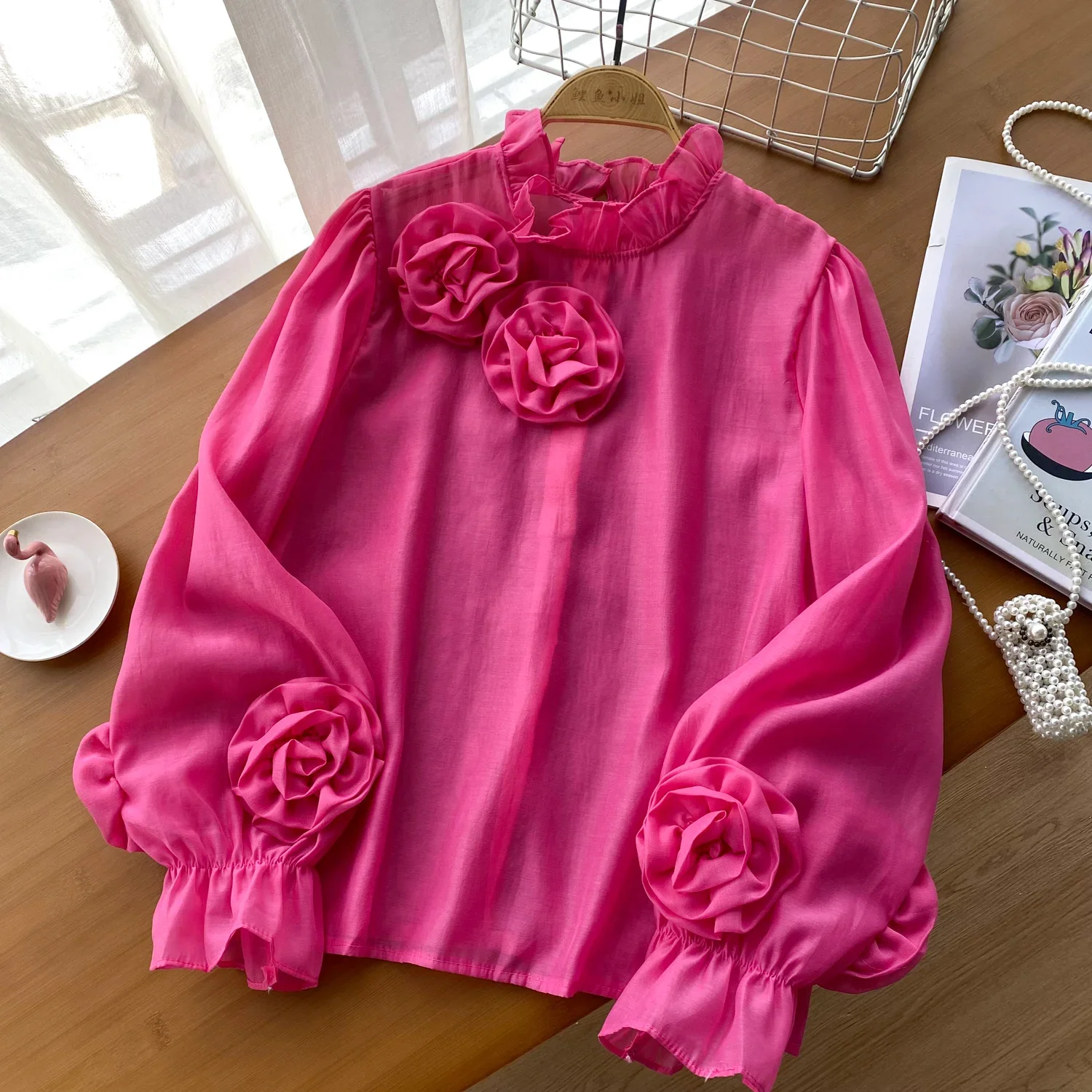 2024 Ruffles Flower Loose Women Shirt Elegant O Neck Long Sleeve Transparent Thin Ladies Mesh Casual Fashion Chic Blouse