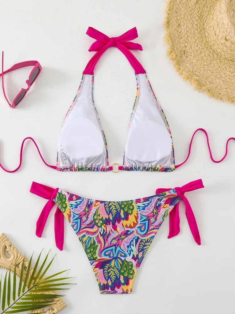 ชุดบิกินี่ผู้หญิง ลายพิมพ์ใหม่ ปี 2026 ชุดบิกินี่แบบผูกคอ เซ็กซี่ แต่งลูกไม้ ชุดว่ายน้ำฤดูร้อน เปิดหลัง ชุดชายหาด สำหรับผู้หญิง