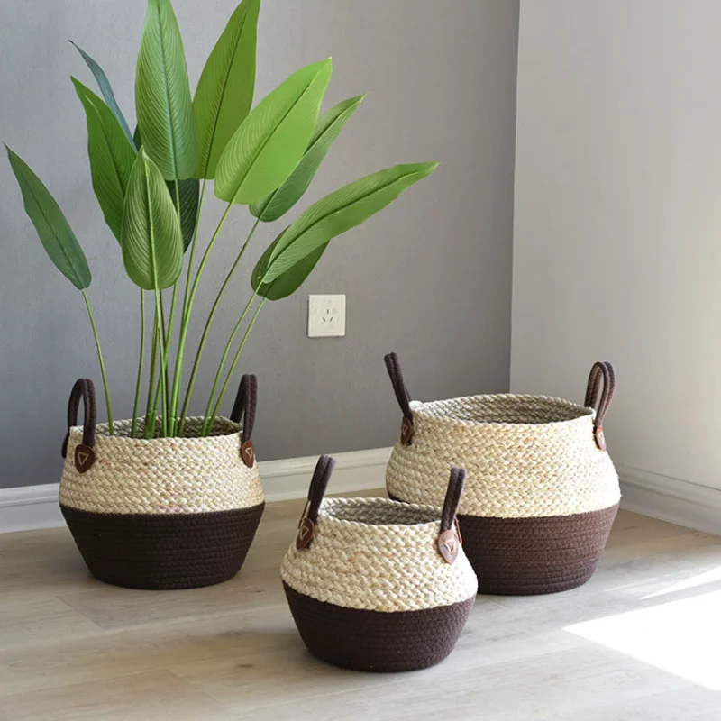 Handwoven Rattan Basket - Straw & Bamboo Flower Pot Cover or Laundry Storage | Multi-Use Woven Decor for Home
