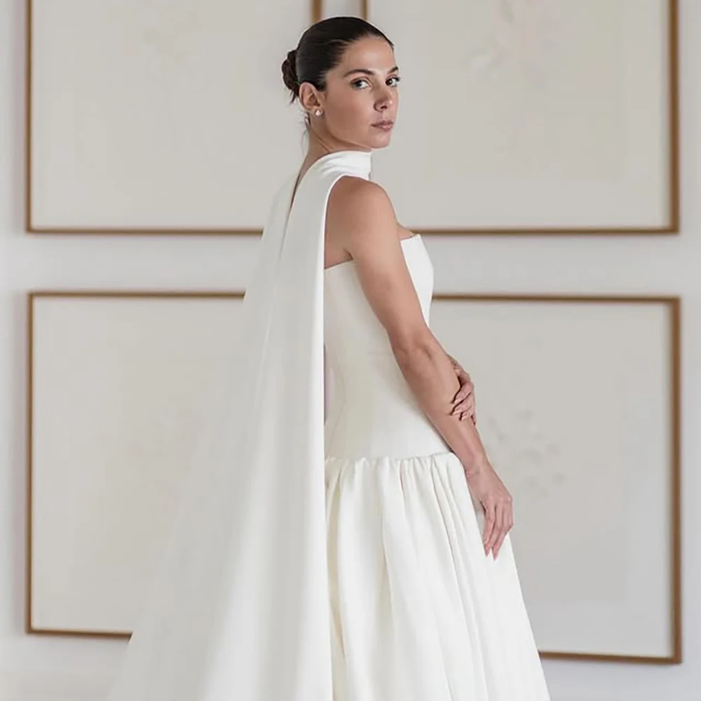 Vestido de novia sencillo con corpiño unido en la cintura caída, bufanda con cuello, joya de satén, vestido de baile de novia fruncido sin tirantes personalizado