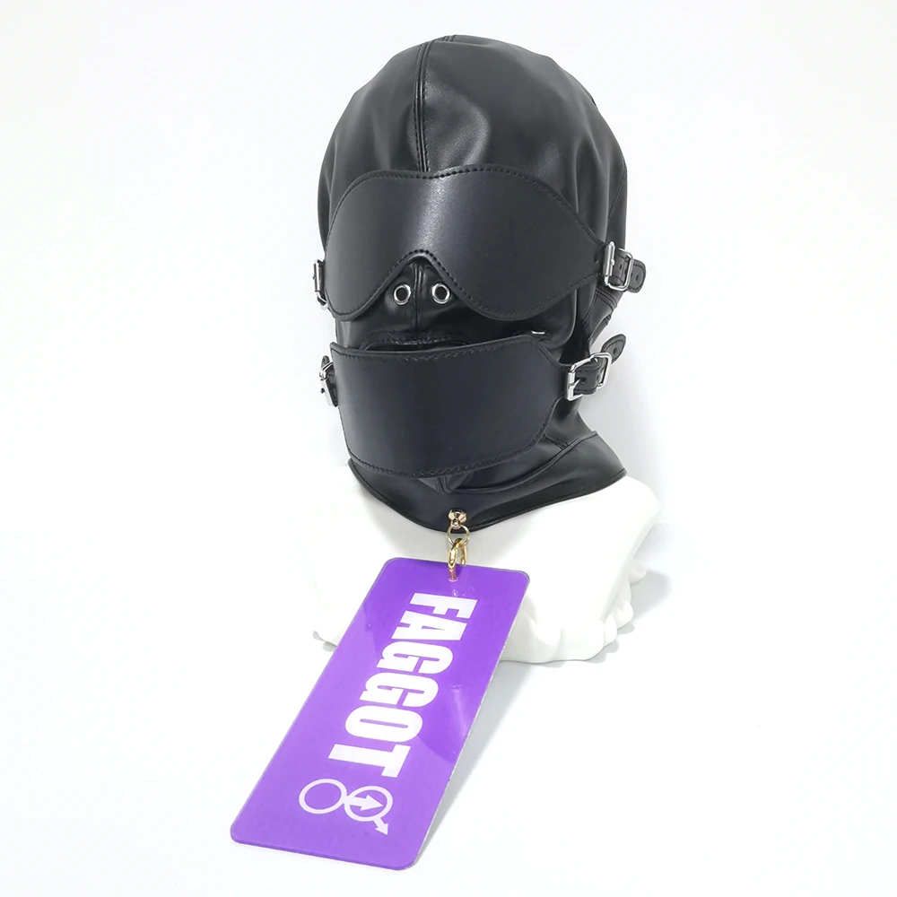 BDSM Bondage PU Leather Lockable Hood Mask Mouth Gag With Dog Tag Funnel Sensory Deprivation Head Hood Sex Toy