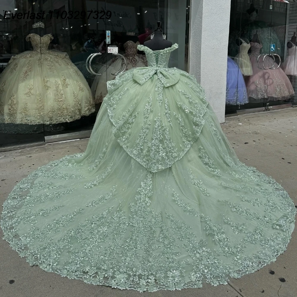 EVLAST-Vestido De quinceañera con purpurina, Apliques De encaje brillantes con cuentas, corsé escalonado con lazo, dulce 16, 15 años, QD1051