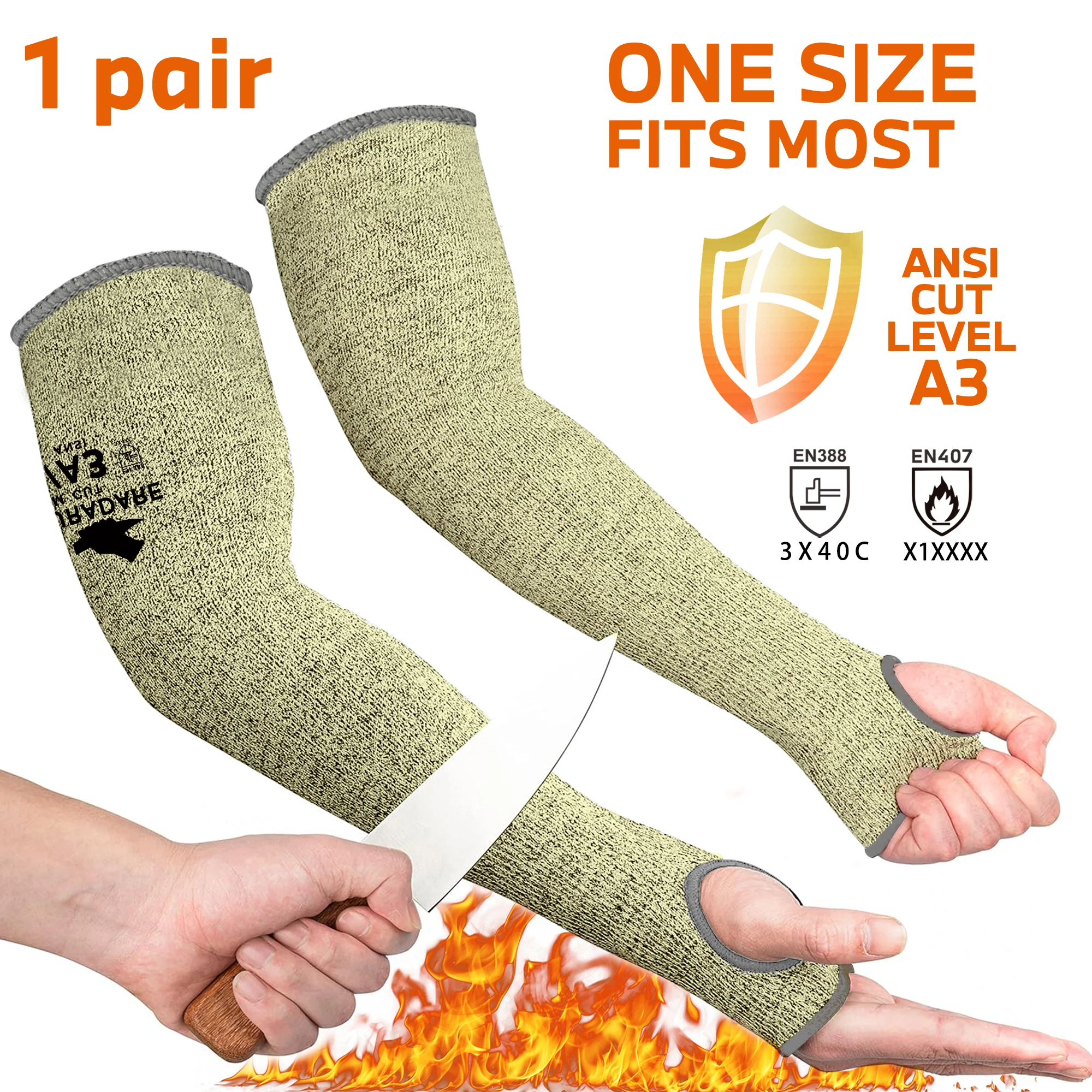 1 pair of 44 cm Kevlar sleeves with thumb hole and glove clip, cut and flame-resistant, suitable for welding, yard work, kitchen