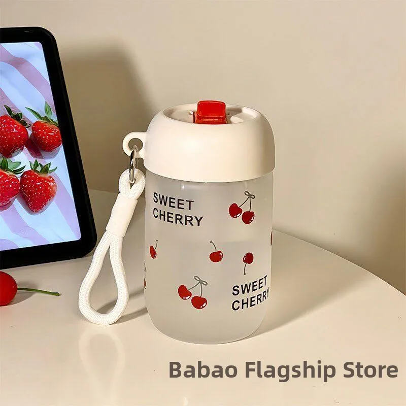 

Portable Glass Cup for Women High Borosilicate Cherry Straw Water Cup Ins Style round Cylinder Antibacterial Handmade Crafted