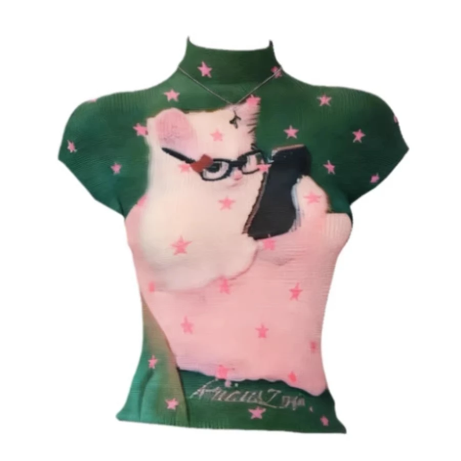 Sweet Cute Cat Print Star Pattern Mock Neck Crop Top | Ruched Stretch Short Sleeve T-Shirt | Y2K Kawaii Aesthetic Top for Women