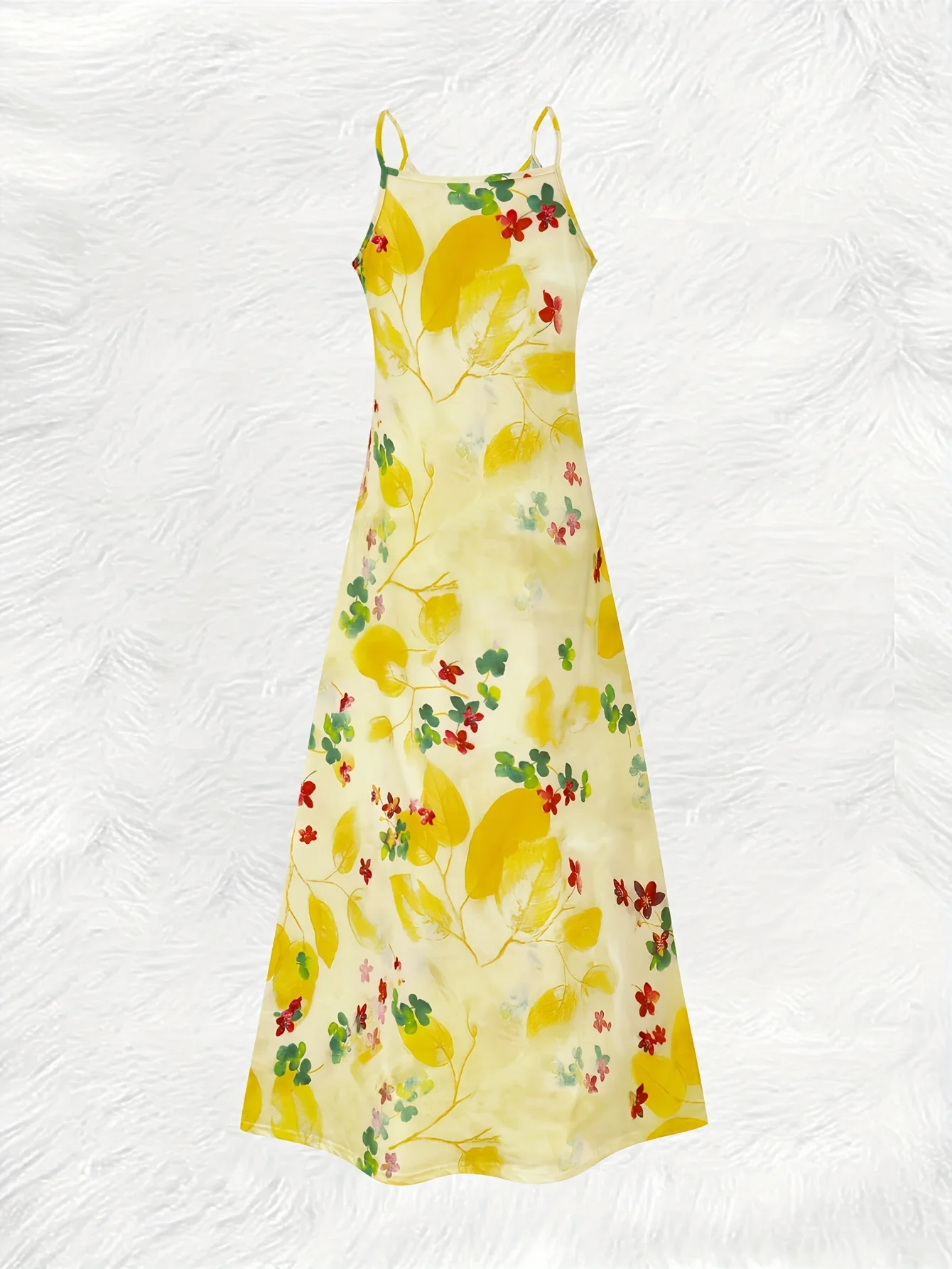Printed Design Casual Style Yellow Leaves Pink Flowers Green Accents Ladies' Dress