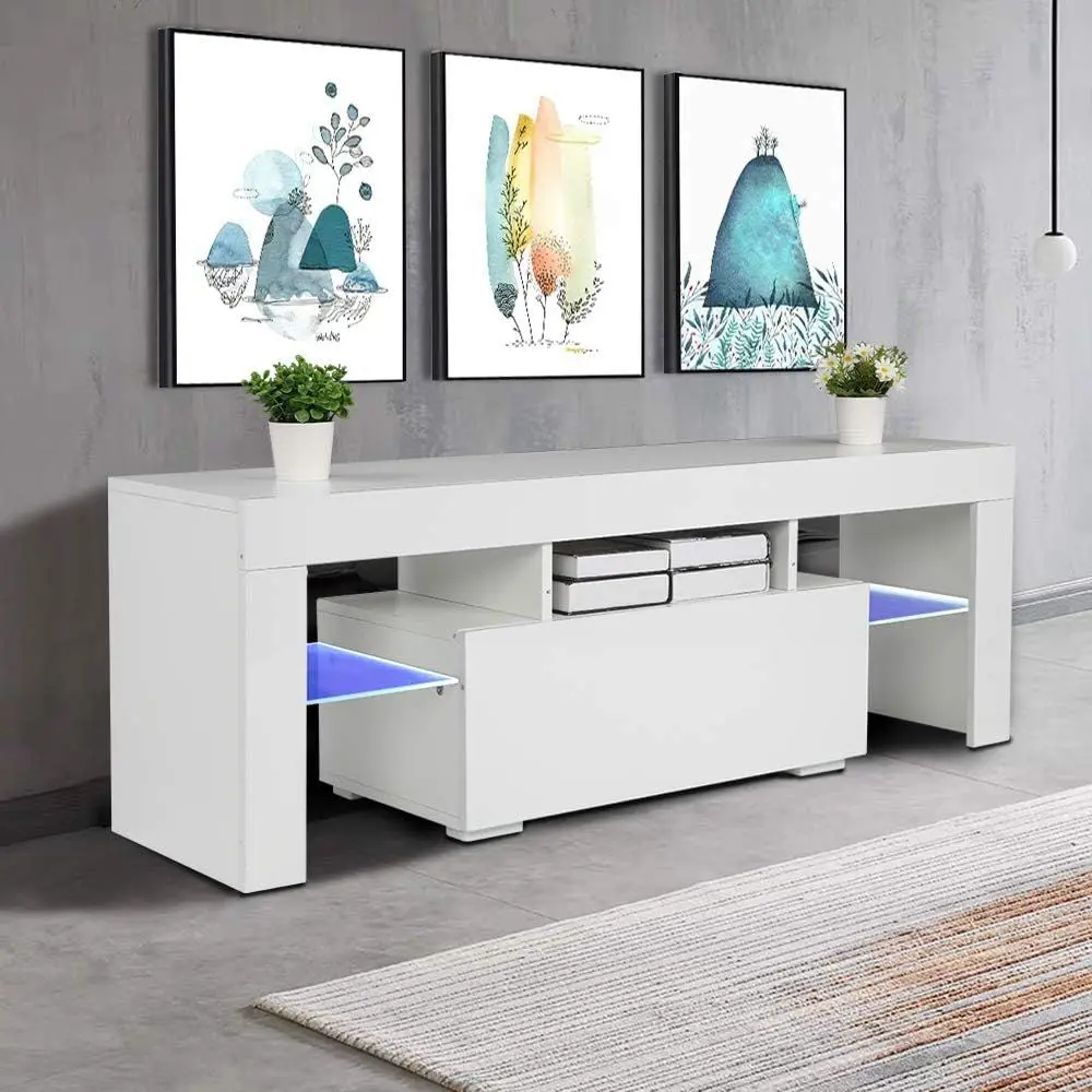 

52 Inch LED Lighted TV Stand, Media Storage Cabinet for Living Room, White