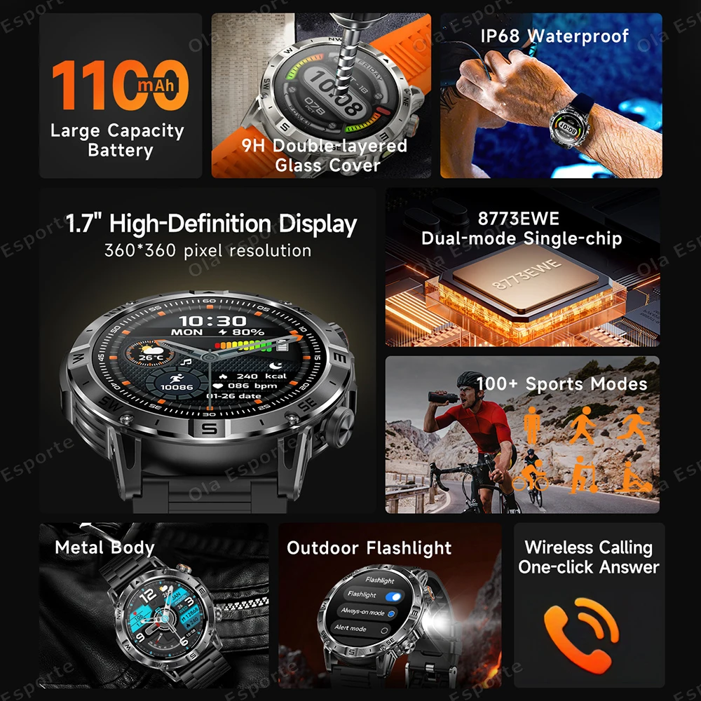 Ola Esporte T-RX 5 Smart Watch Ultra Battery 1100mAH 15 days Usage 100+Sport Waterproof  SmartWatch Phone Call Flashlight HT22