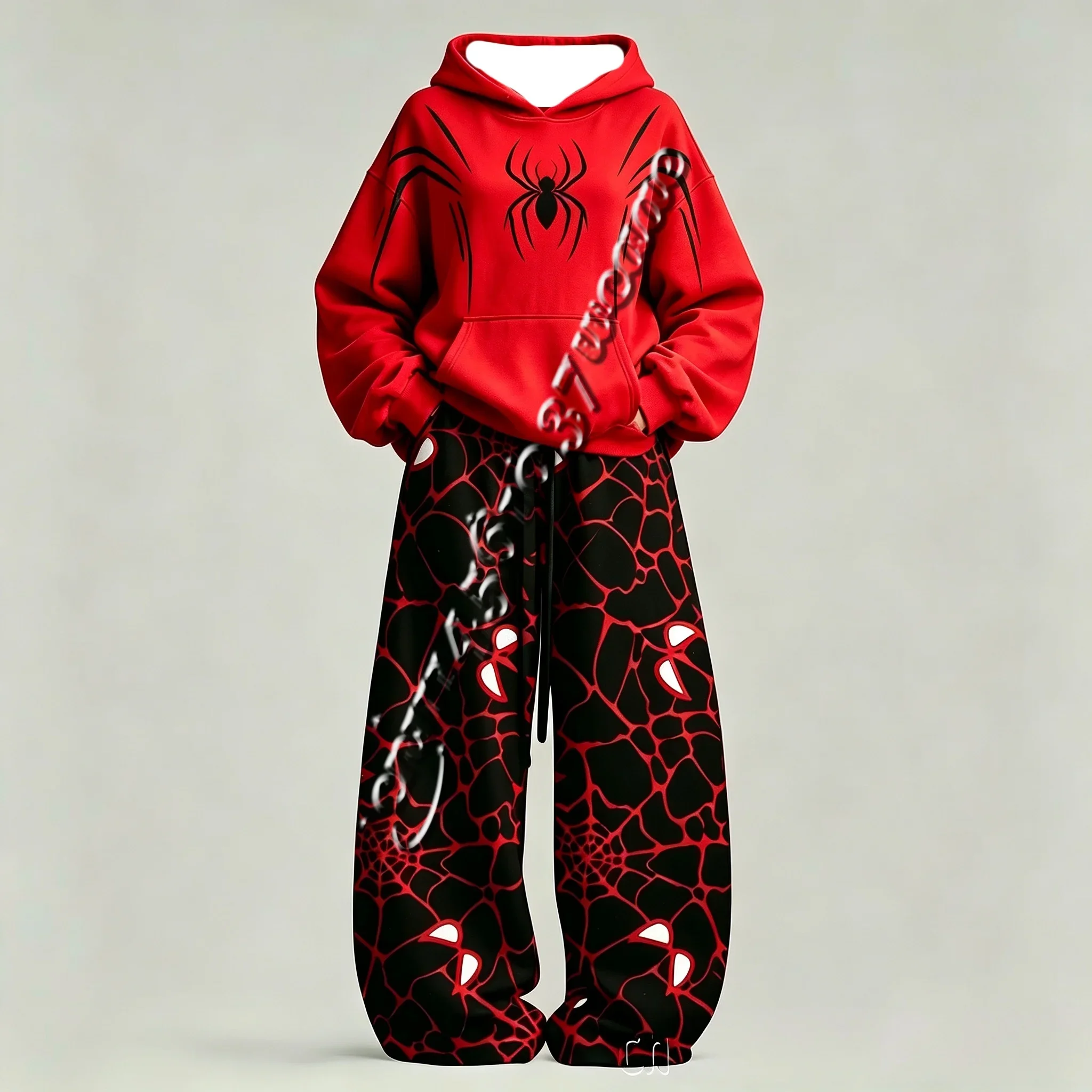 New Unisex Autumn Winter American Streetwear Spider Web Hoodie and Wide Leg Pants 2 Piece Oversize Sweat Suit FamilyMatching