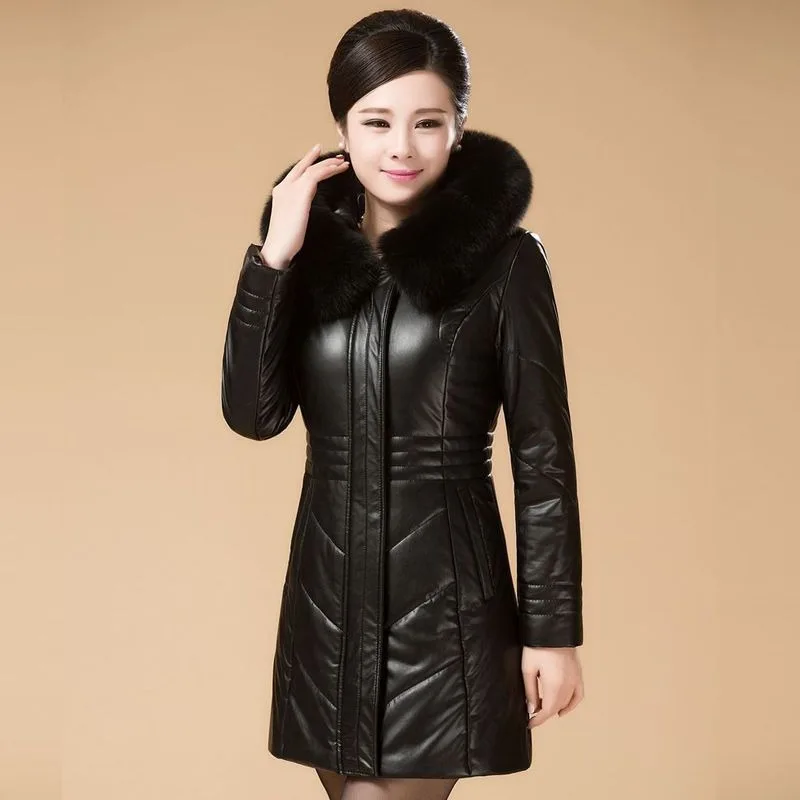 2023 Middle Aged Elderly Fur Clothing Down Jacket Women Mid Length Extra Fat Thick Coat Oversized Fur Collar Leather Overcoat