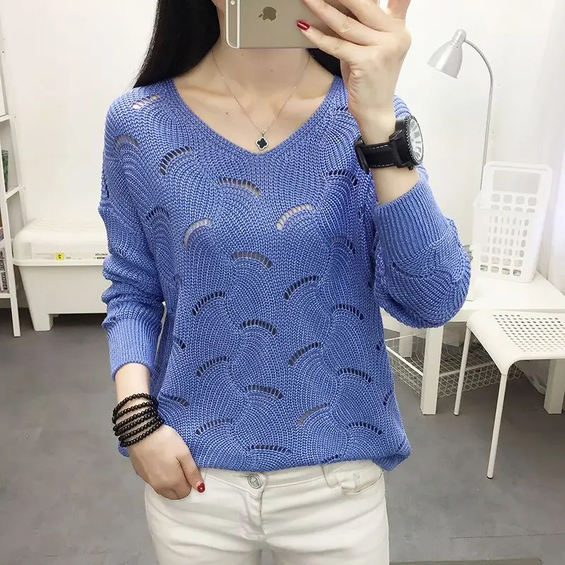 Women Clothing Fashion Hollow Out Thin Knit Pullovers Spring Autumn Casual Loose V-neck Long Sleeve T-shirt Office Lady Chic Top