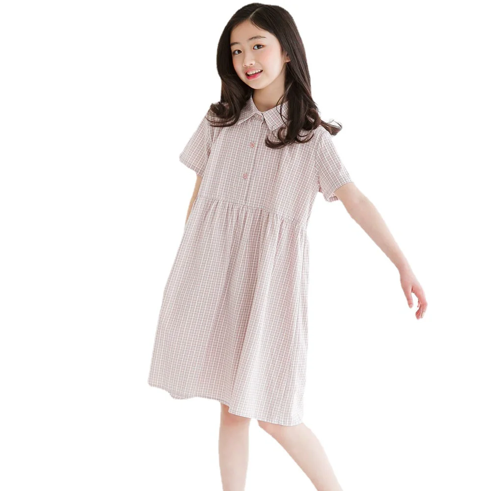 

2023 New Girls Dress Junior Students Clothes Kids Girls Plaid Short Sleeve Cotton Long Dress for 5-15Y Children