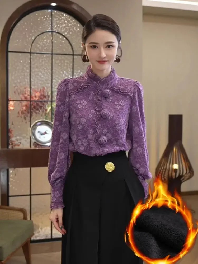 New French Style Velvet Long Sleeved Shirt with a Unique Sense Especially Purple Small Top for Women's Wear XQ500