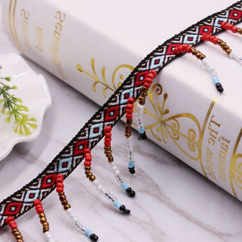 1 Yard Perlenfransen Ethnische Seidenquasten Spitzenbesatz für Vorhänge, Stickbänder, Quasten für Schmuck, DIY-Kleider, Nähen, Kleidung, Bänder – Detail 3
