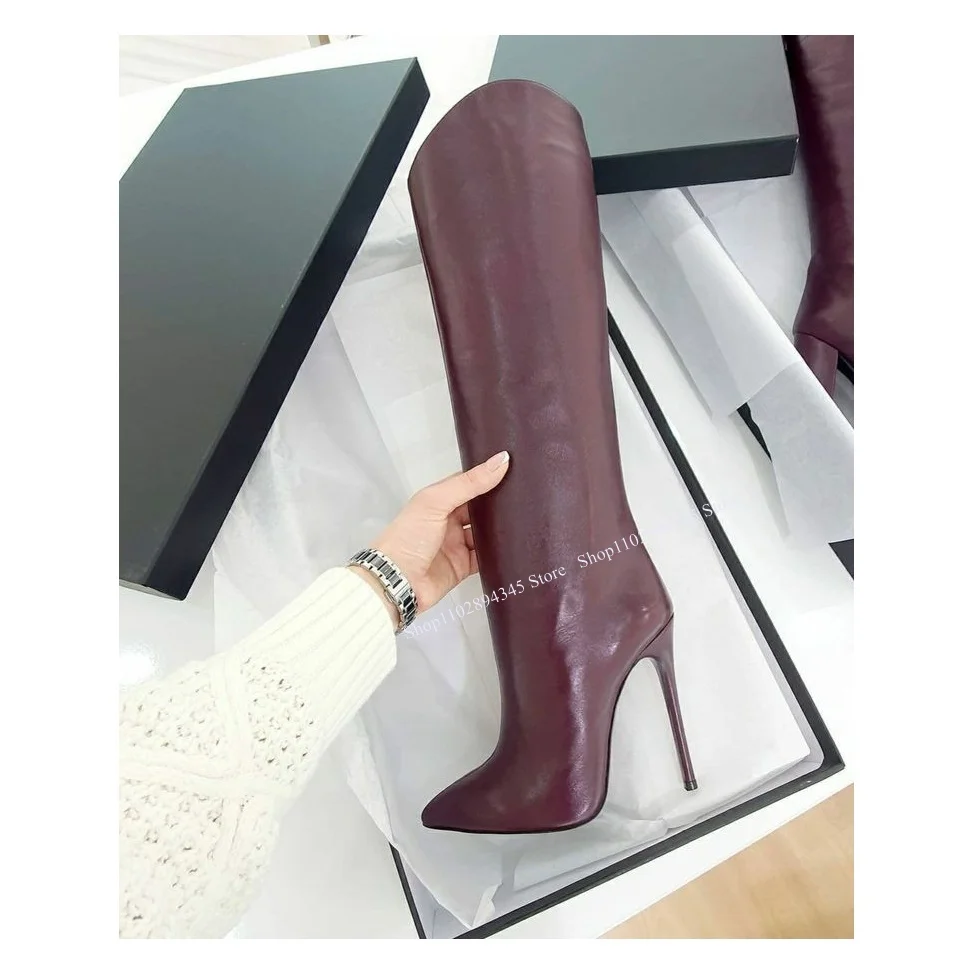 

Brown Matte Leather Knee High Boots Thin High Heel Pointed Toe Fashion Sexy 2024 Winter Big Size Woman Shoes Zapatillas Mujer