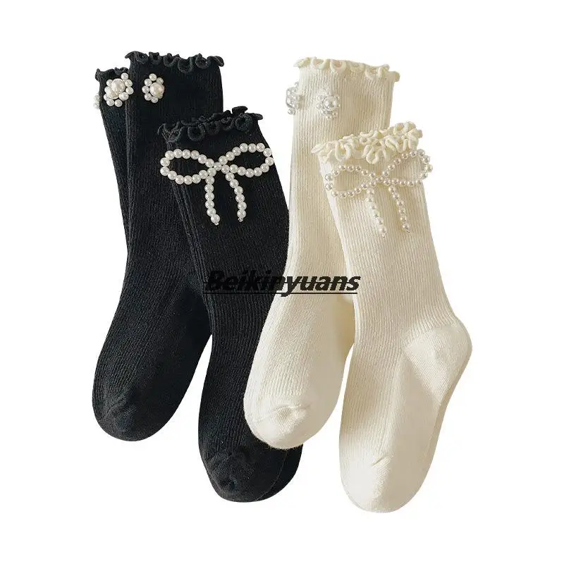 Kids Socks Sweet Bowknot Pearl Lace Stockings Girl Princess Wind Lolita Heap Socks Children Knee High Sock chaussette