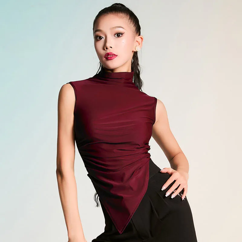 

Женский топ для латинских танцев, топы без рукавов с высоким воротником, одежда для тренировок по ча-ча-румбе, повседневная одежда для взрослых, черный, белый цвет, VBH2609