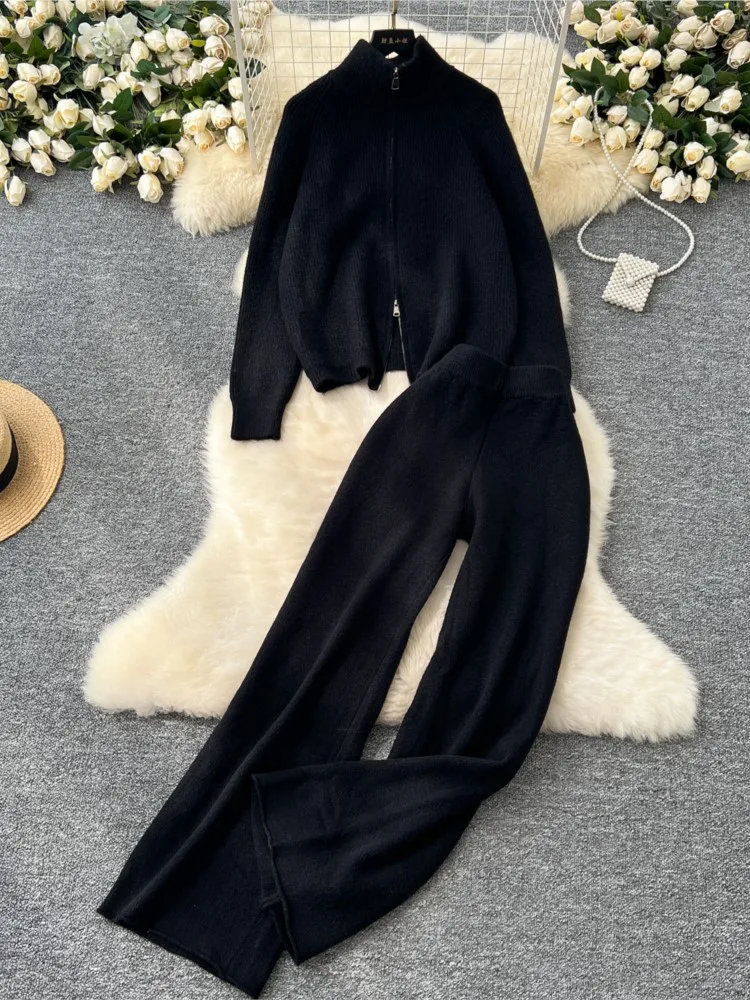 Autumn Solid Knitting Two Pieces Suits Loose Warm Zipper Stand Collar Sweater + Wide Leg Pants Streetwear Casual Knitted Sets