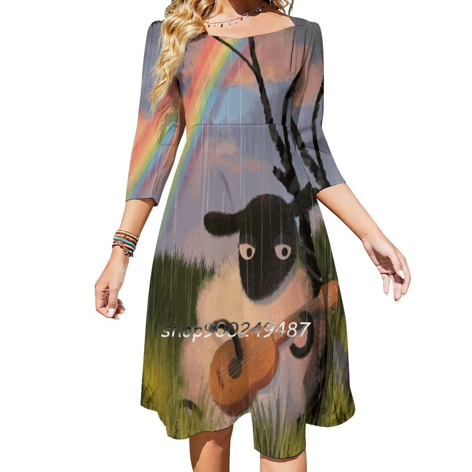 

Sheep Playing Guitar Sweetheart Knot Flared Dress Fashion Design Large Size Loose Dress Sheep Guitar Guitars Music Musician