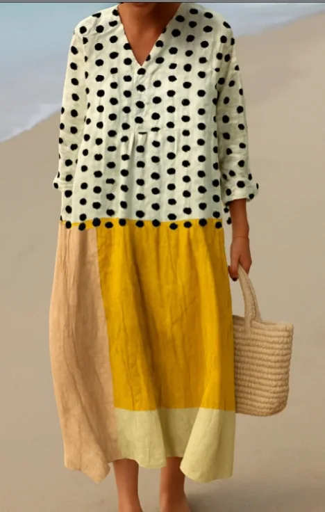 

Long Sleeve Linen Dress Women's Casual Floral 3D Print Sleeve Long Dress